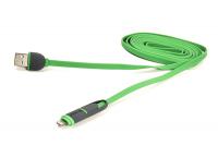 Кабель PowerPlant Quick Charge 2A 2-в-1 flat USB 2.0 AM - Lightning / Micro 2м green