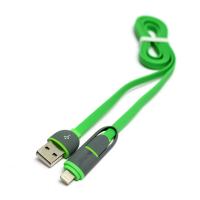 Кабель PowerPlant Quick Charge 2A 2-в-1 flat USB 2.0 AM - Lightning / Micro 1м green