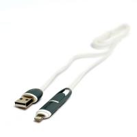 Кабель PowerPlant Quick Charge 2A 2-в-1 flat USB 2.0 AM - Lightning / Micro 1м white