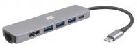 Хаб 2E USB-С > 2хUSB-A 2.0/USB-A 3.0/USB-C PD/HDMI/Ethernet, 0.15м, сірий