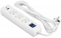 Подовжувач мережевий 2E 3м, 3xТипF, 16A, 1xUSB-A,1xUSB-C, фільтр, білий
